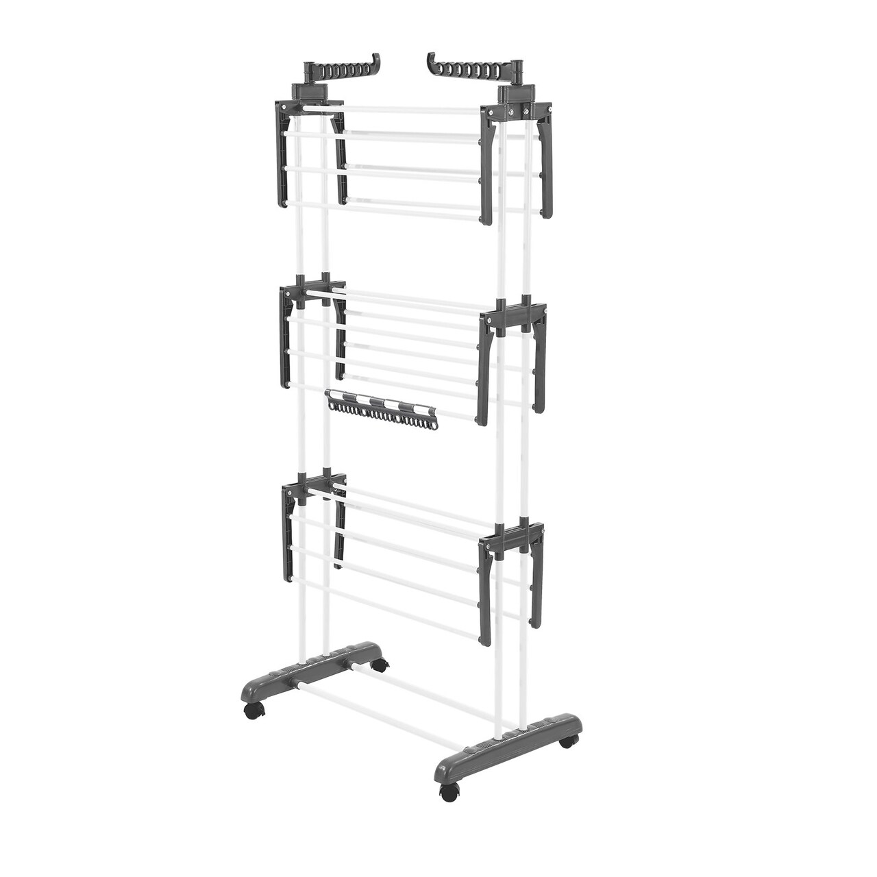 4-Tier Foldable Clothes Drying Rack with 24 Rods and Side Wings Swivel Casters Iron Tube